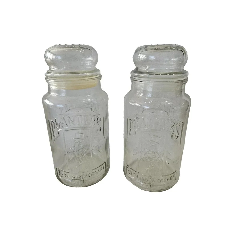 2 Vintage 1981 75th Anniversary Planters Mr. Peanut Glass Jar W/Lid Canister EUC